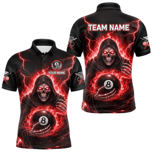 Maxcorners Red Flames Grim Reaper Holding 8 Ball Pool Men Polo & 1/4-Zip Shirt Personalized Billiard Gifts