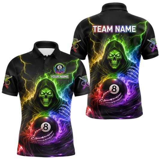 Maxcorners Colorful Flames Grim Reaper Holding 8 Ball Pool Men Polo & 1/4-Zip Shirt Personalized Billiard Gifts