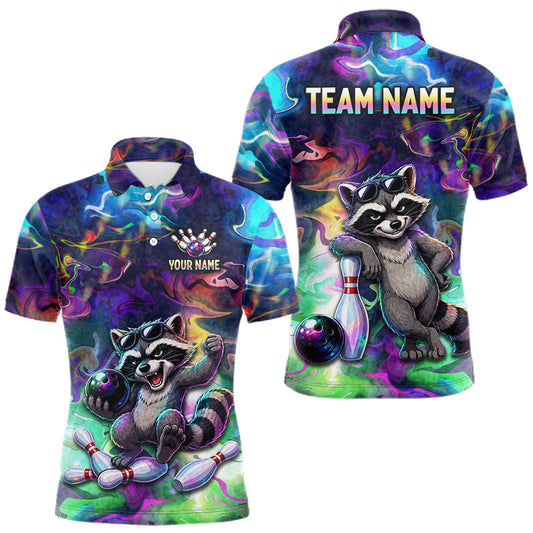Maxcorners Funny Raccoon Neon Colorful Bowling Polo Quarter-Zip Shirt For Men Custom Bowling Tournament Jersey