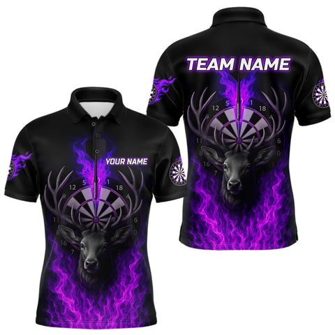 Maxcorners Custom Purple Flames Dartboard Deer Funny Dart Men Polo Shirt Dart Team Jerseys MT1110