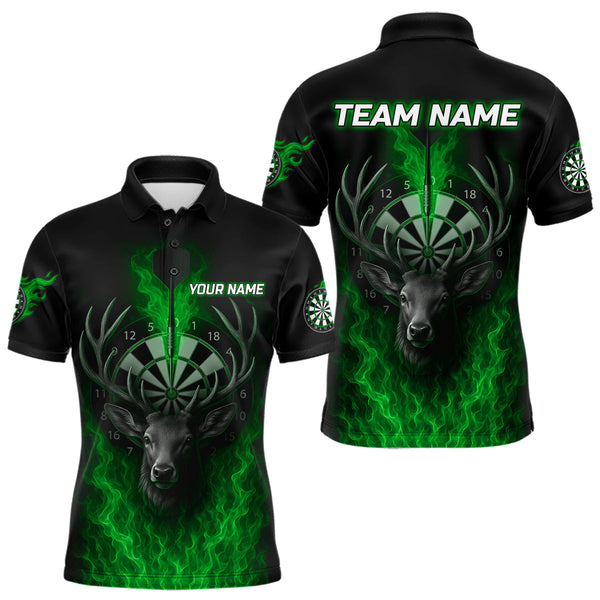 Maxcorners Custom Green Flames Dartboard Deer Funny Dart Men Polo Shirt Dart Team Jerseys MT1110