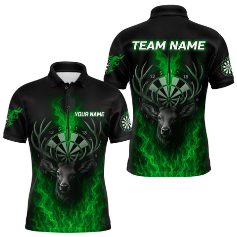 Maxcorners Custom Green Flames Dartboard Deer Funny Dart Men Polo Shirt Dart Team Jerseys MT1110