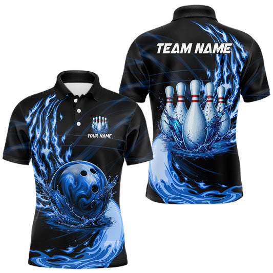 Maxcorners Mens Bowling Shirts Custom Blue Water & Flame Bowling Ball And Pins Team League Bowler Jerseys