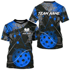 Maxcorners Custom Black Grunge Blue Pickleball Ball T-Shirt For Men Splatter Pickleball Jerseys LM1501