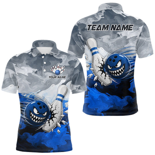 Maxcorners White Blue Funny Cracked Pins & Ball Bowling Shirt For Men Custom Outfit Team Bowling Jersey LM1705