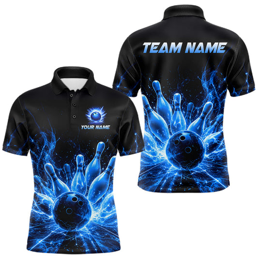 Maxcorners Blue Flames Bowling Ball & Pins Shirt For Men Custom Thunder Lightning Team Bowling Jerseys LM1406