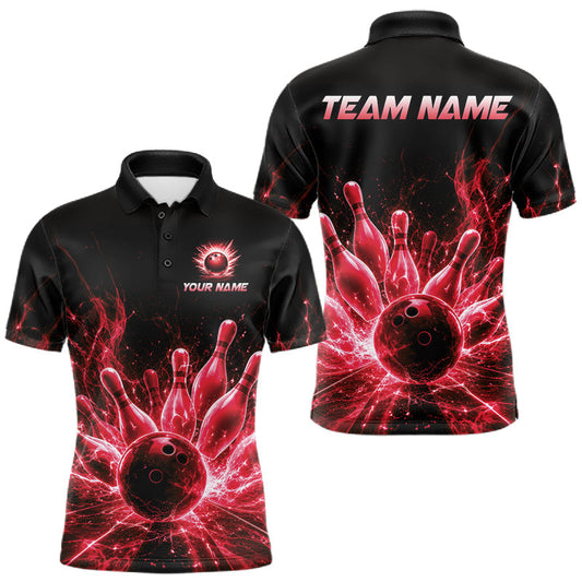 Maxcorners Red Flames Bowling Ball & Pins Shirt For Men Custom Thunder Lightning Team Bowling Jerseys LM1406