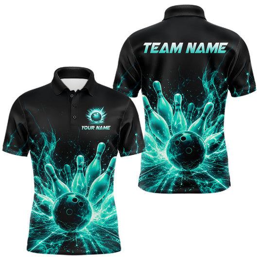 Maxcorners Teal Flames Bowling Ball & Pins Shirt For Men Custom Thunder Lightning Team Bowling Jerseys LM1406