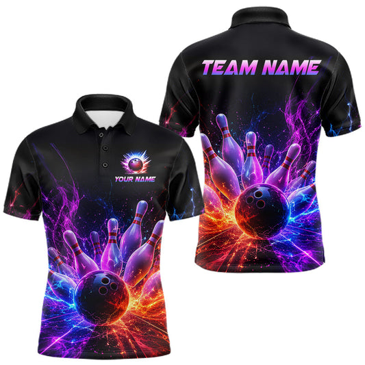 Maxcorners Colorful Flames Bowling Ball & Pins Shirt For Men Custom Thunder Lightning Team Bowling Jerseys LM1406