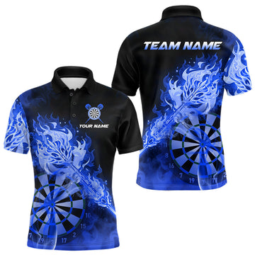 Maxcorners Custom Smoke Blue Fire Flaming Dart Arrow Men Darts Polo League Shirts Dart Team Jerseys