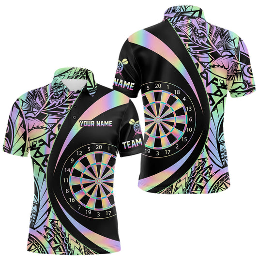 Maxcorners Black & Holographic Rainbow Tribal Dartboard Darts Polo Shirt For Men Custom Dart Team Jerseys LM2201