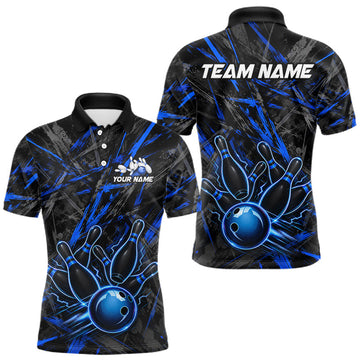 Maxcorners Black And Blue Strikes Grunge Bowling Polo & 1/4-Zip Shirt For Men Custom Thunder Bowling Team Jersey LM1705