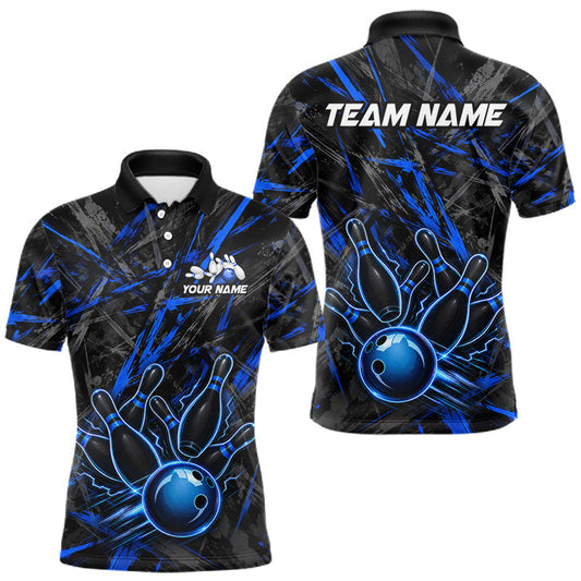 Maxcorners Black And Blue Strikes Grunge Bowling Polo & 1/4-Zip Shirt For Men Custom Thunder Bowling Team Jersey LM1705
