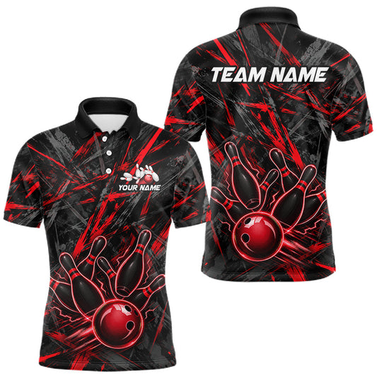Maxcorners Black And Red Strikes Grunge Bowling Polo & 1/4-Zip Shirt For Men Custom Thunder Bowling Team Jersey