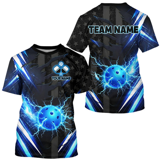 Maxcorners Custom Lightning Blue Patriotic Pickleball Shirts For Men, US Flag Pickleball Team Outfit LM1904