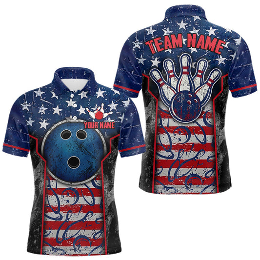 Maxcorners Grunge American Flag Bowling Polo & 1/4 Zip Shirts For Men Custom Patriotic Team Bowling Jerseys LM2704
