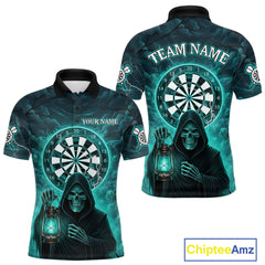 Maxcorners Teal Neon Grim Reaper Lightning Skull Darts League Shirt Custom Skull Men Darts Jersey