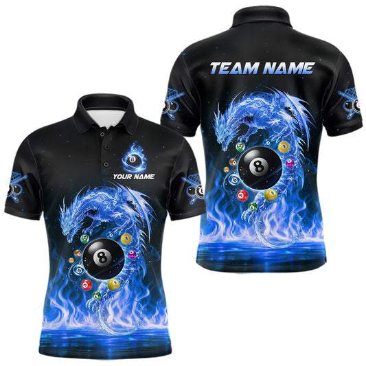 Maxcorners Fire Flame Dragon Pool 8 Ball Men's Billiard Shirt Custom Billiard Team League Attire|Blue LM2201