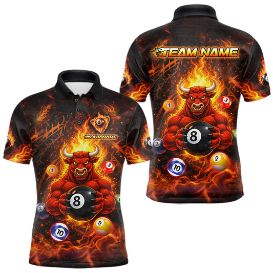 Maxcorners Fire Flame Funny Bull Plays Pool Ball Billiard Shirt For Men Custom 8 Ball Billiard Team Attire LM2201