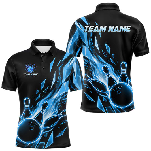 Maxcorners Fire Flame Bowling Ball & Pins Shirt For Men Custom Blue Broken Glass Bowling Team Jerseys