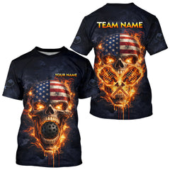 Maxcorners Custom US Flag Skull Fire Flame Pickleball Ball & Paddle T-Shirt Pickleball Jersey For Men LM2901