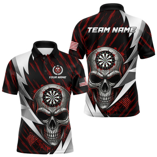 Maxcorners Silver Skull Red Grunge US Flag Men Darts Polo Shirt Custom Name Dart League Jerseys LM2711