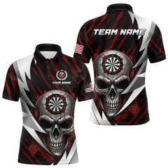 Maxcorners Silver Skull Red Grunge US Flag Men Darts Polo Shirt Custom Name Dart League Jerseys LM2711