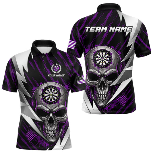 Maxcorners Silver Skull Purple Grunge US Flag Men Darts Polo Shirt Custom Name Dart League Jerseys LM2711