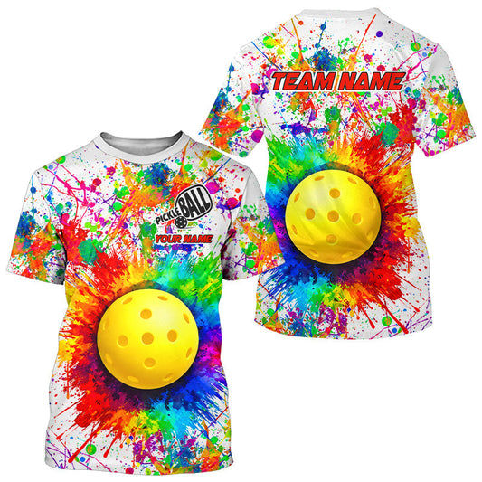 Maxcorners Custom Colorful Paint Mens Pickleball Ball T-Shirt Splatter Best Pickleball Clothing | White LM0106