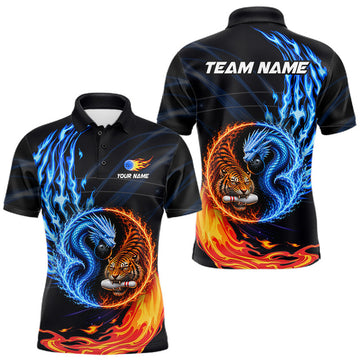 Maxcorners Dragon And Tiger Funny Bowling Polo 1/4-Zip Shirts For Men Custom Blue & Red Flame Bowling Team Shirt LM0208