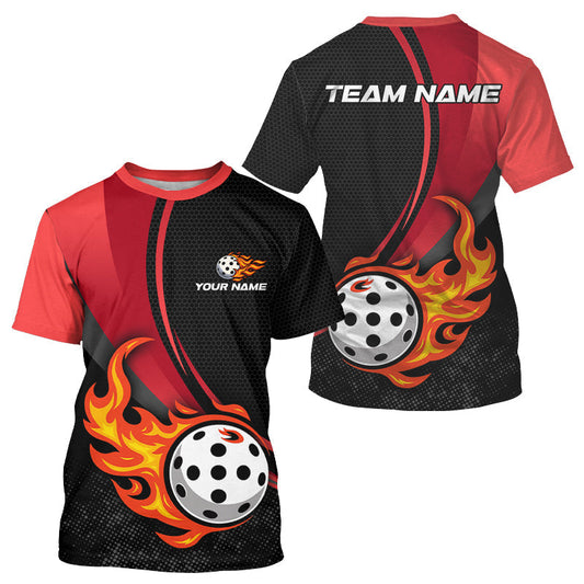 Maxcorners Custom Black And Red Flames Pickleball Ball T-Shirt For Men Outfits Pickleball Jerseys MT0609