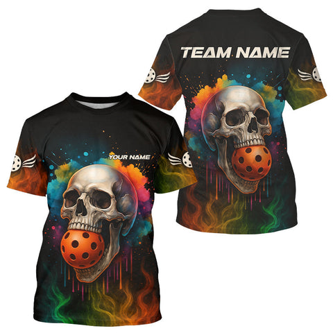 Maxcorners Custom Smoke Colorful Skull Pickleball Ball T-Shirt For Men Skull Pickleball Jerseys MT0609