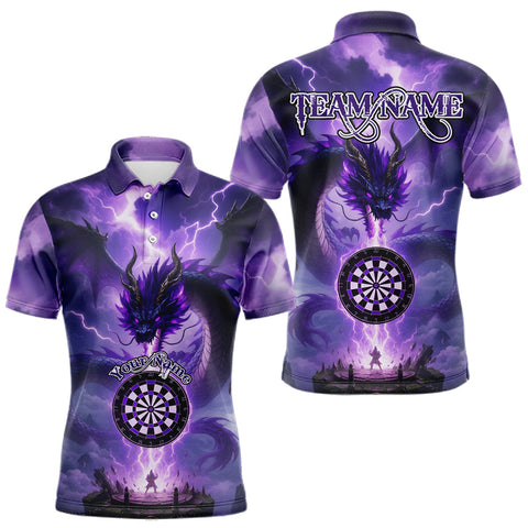 Maxcorners Men's Custom Darts Polo Shirt Thunder Dragon & Dartboard, Darts Jersey For Fans | Purple TU0508