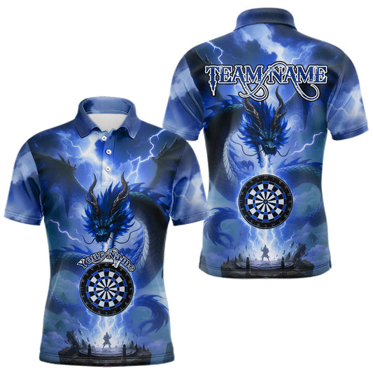 Maxcorners Men's Custom Darts Polo Shirt Thunder Dragon & Dartboard, Darts Jersey For Fans | Blue LM1903