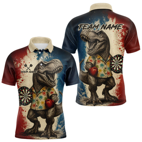 Maxcorners Custom Dinosaur Plays Dart Funny Dart Polo Shirt For Men Colorful Grunge Dart Jerseys TU0809