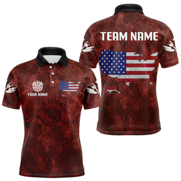 Maxcorners US Flag & Map Dartboard Men's Red Darts Shirt - Custom Name For Darts Jersey LM2206