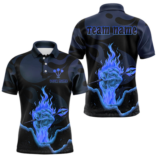 Maxcorners Flaming Hand & Dart Arrow Men's Darts Shirts Custom Name & Team Darts Jersey | Blue LM1203