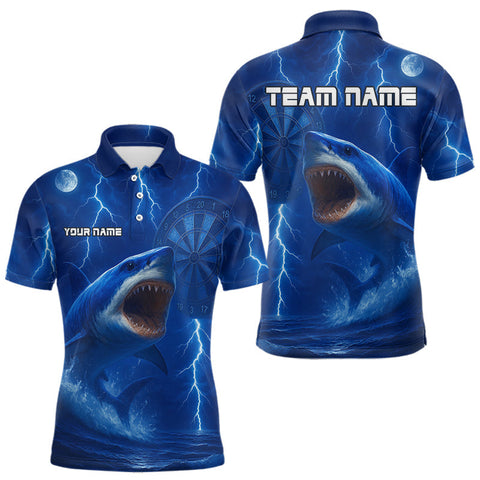 Maxcorners Men's Custom Darts Polo Shirt Blue Shark & Lightning Dartboard, Darts Jersey For Fans TU0508