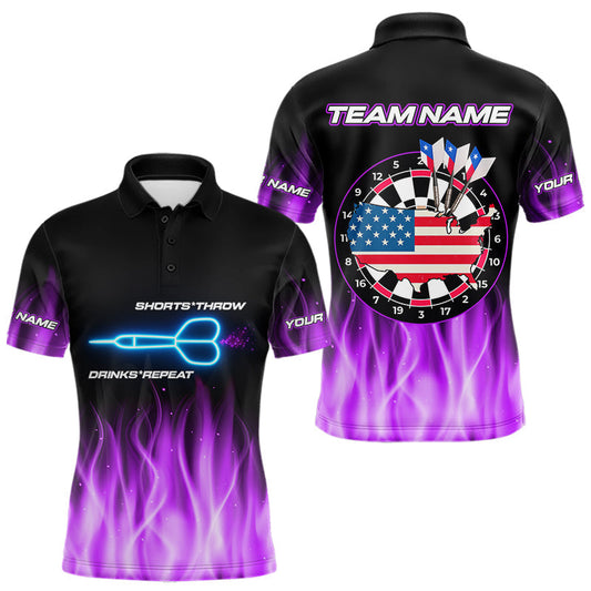 Maxcorners US Flag Flame Dartboard Custom Patriotic Dart Polo & Quarter-Zip Shirt For Men | Purple LM1203