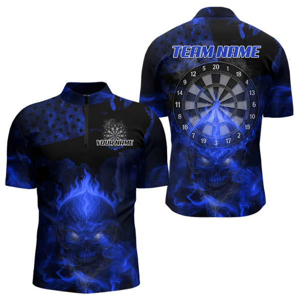 Maxcorners US Flag & Skull Custom Patriotic Blue Dart Polo Shirts For Men, Dart Team Jerseys LM2007