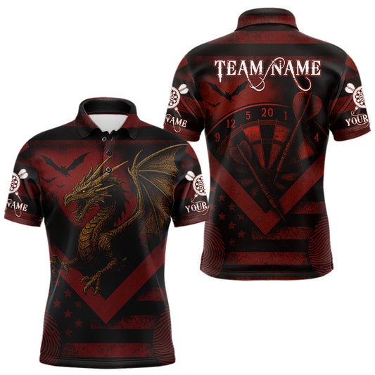 Maxcorners Custom Red Grunge Dragon Dartboard Dart Polo Shirt For Men Outfit Dart Team Jersey