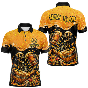 Maxcorners Custom Funny Skeleton Play Dart And Beer Dartboard Men Polo Shirt Personalized Dart Team Jerseys