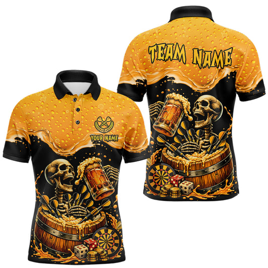 Maxcorners Custom Funny Skeleton Play Dart And Beer Dartboard Men Polo Shirt Personalized Dart Team Jerseys