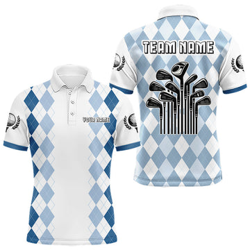 Maxcorners Mens Argyle Pattern Golf Polo Shirts, Blue Argyle Golf Attire Custom Golf Clubs Pattern Upf Shirts LM0404