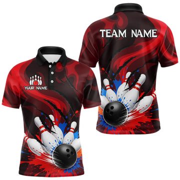 Maxcorners Custom Mens Bowling Colorful Splatter Pin & Ball Shirts, Black & Red Bowling Team Jerseys