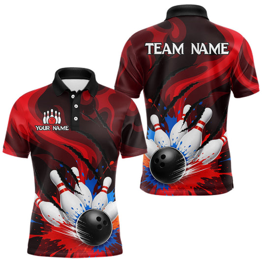 Maxcorners Custom Mens Bowling Colorful Splatter Pin & Ball Shirts, Black & Red Bowling Team Jerseys