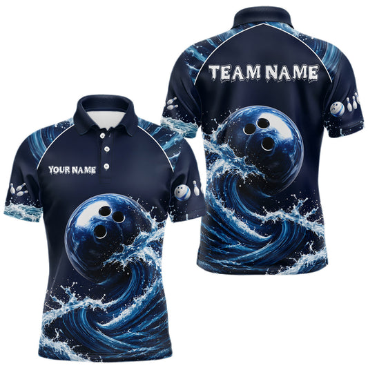 Maxcorners Blue Waving Bowling Ball Shirts For Men Custom Polo Quarter-Zip Team Bowling Tournament Shirt LM0607