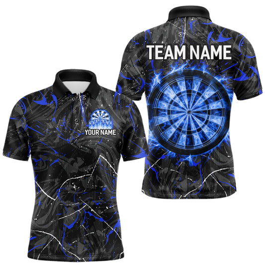 Maxcorners Custom Grey Blue Flaming Dartboard Darts Men Polo & 1/4-Zip Shirts Dart Team Jerseys LM0503