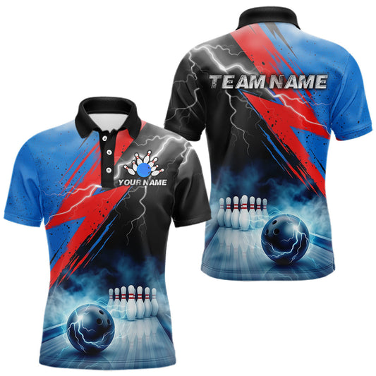 Maxcorners Thunder Lightning Bowling Polo 1/4-Zip Shirts For Men Custom Blue Smokes Team Bowling Jerseys LM0706