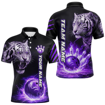 Maxcorners Purple Flames Tiger Custom Men Bowling Polo & Quarter-Zip Shirts Flame Bowling Team Jerseys LM1104